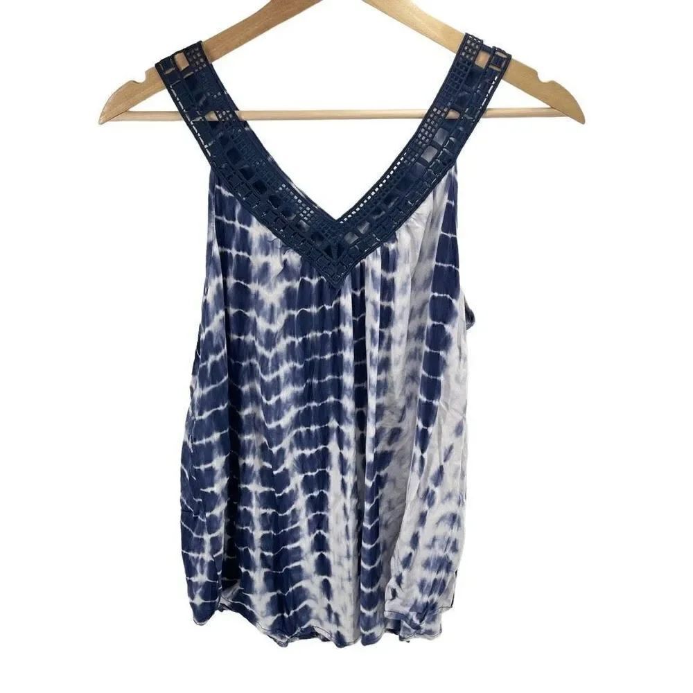 Cato Womens Tank Shirt Top V Neck Tie Dye Embroidered Boho Blue Size Large